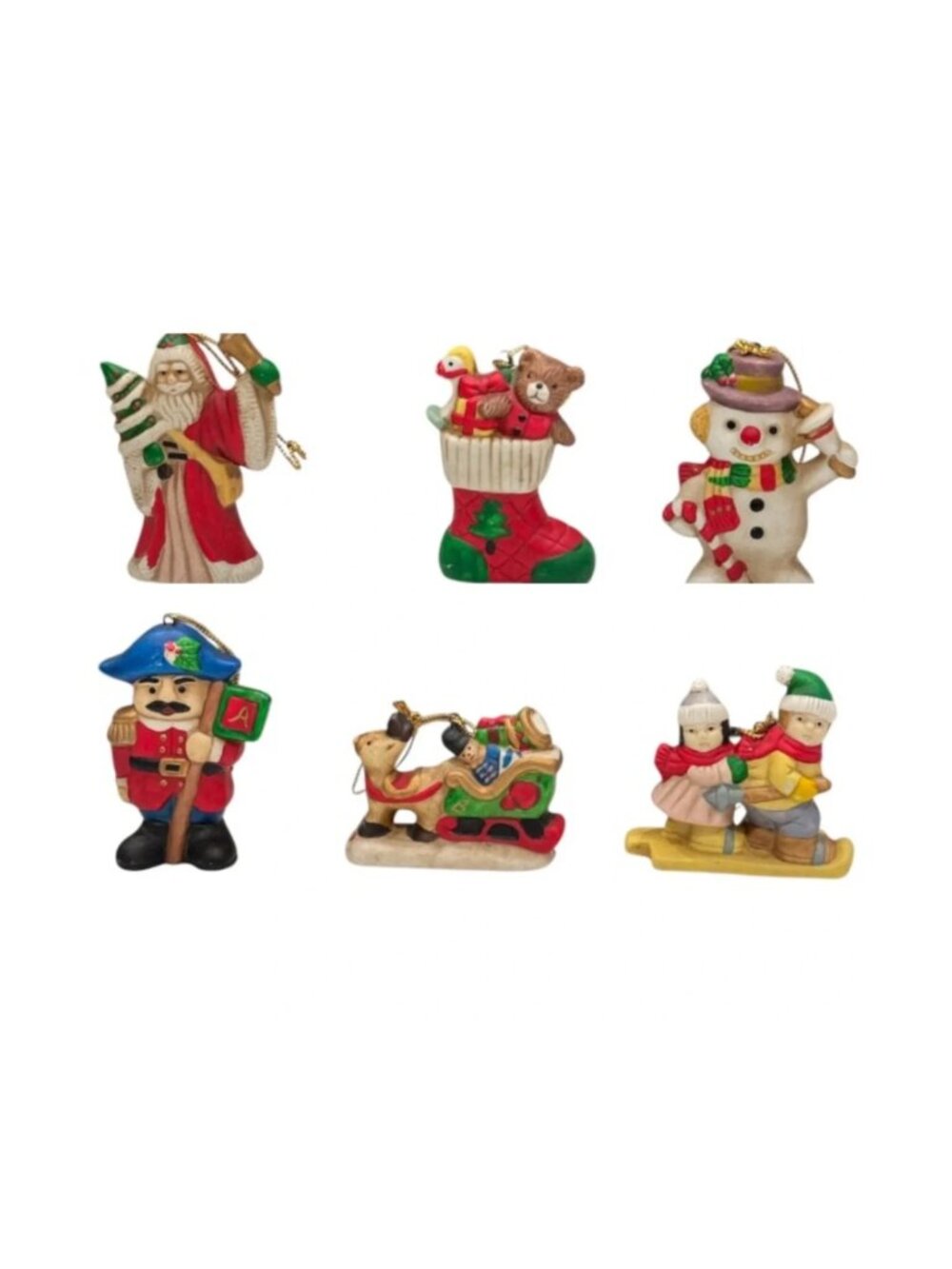 Retro Christmas Village Ceramic Tree Ornaments Set of 6